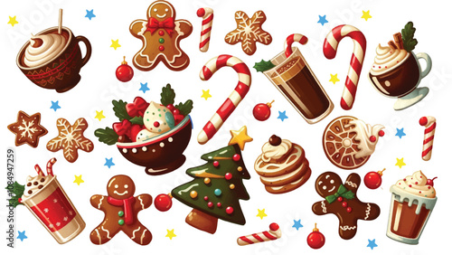 illustration of Christmas cookies, hot cocoa, gingerbread houses, pancake and holiday cocktails 