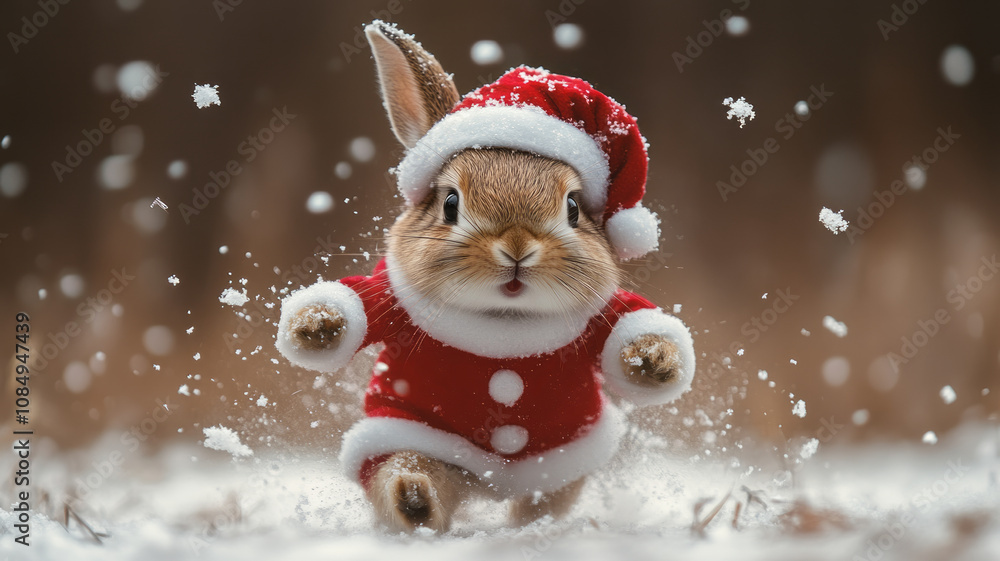 Rabbit Dressed in Santa Suit Frolicking in Snow Rabbit Dressed in Santa Suit Frolicking in Snow