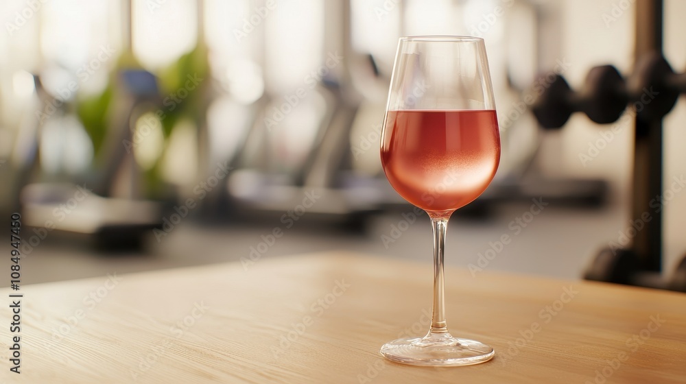 A glass of rose wine sits elegantly on a wooden table, with gym equipment blurred in the background, symbolizing a blend of fitness and leisure. A glass of rose wine sits elegantly on a wooden table, with gym equipment blurred in the background, symbolizing a blend of fitness and leisure.