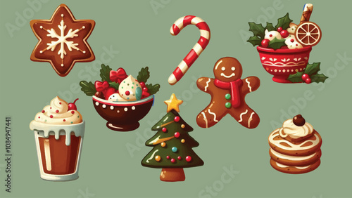 illustration of Christmas cookies, hot cocoa, gingerbread houses, pancake and holiday cocktails 