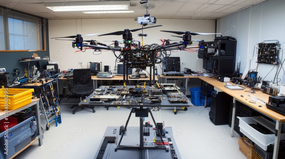 A detailed studio with setups for building custom drones, featuring frames, electronics A detailed studio with setups for building custom drones, featuring frames, electronics