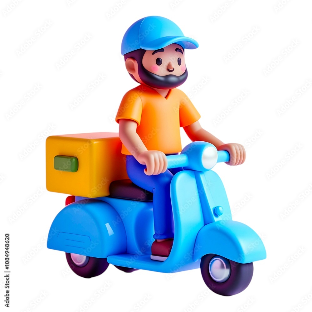 Delivery Scooter 3D Illustration: A friendly delivery driver, with a beard and cap, rides a blue scooter carrying a yellow package. He smiles warmly as he delivers on time. Delivery Scooter 3D Illustration: A friendly delivery driver, with a beard and cap, rides a blue scooter carrying a yellow package. He smiles warmly as he delivers on time.