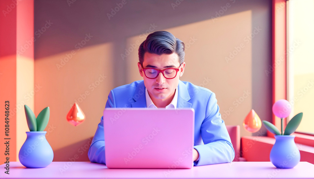 Focused on Success: A young professional in a stylish blue suit and red-rimmed glasses, sits at a desk with a pink laptop, his gaze fixed on the screen in a moment of intense concentration. Focused on Success: A young professional in a stylish blue suit and red-rimmed glasses, sits at a desk with a pink laptop, his gaze fixed on the screen in a moment of intense concentration.