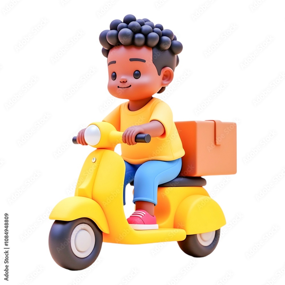 Delivery Boy on Scooter: A cheerful cartoon boy with an afro rides a yellow scooter, delivering a brown package. The scene is rendered in a cute and charming 3D style. Delivery Boy on Scooter: A cheerful cartoon boy with an afro rides a yellow scooter, delivering a brown package. The scene is rendered in a cute and charming 3D style.
