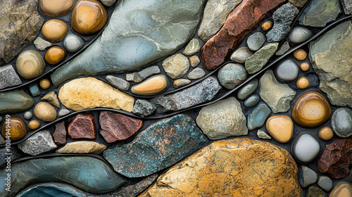 Abstract Close-Up of Colorful Pebbles and Stones Arranged in Artistic Pattern Highlighting Natural Textures and Earthy Hues for Background or Design Use