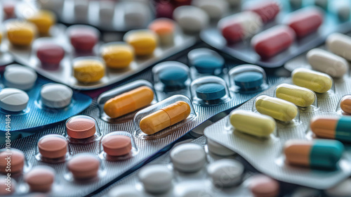 Colorful Assortment of Prescription and Over-the-Counter Medication Blister Packs Displayed on a Flat Surface for Pharmaceutical and Healthcare Themes