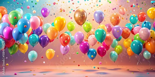 A Vibrant Collection of Colorful Balloons Floating with Confetti on a Soft Pastel Background, Perfect for Celebrations, Parties, and Joyful Moments, Ideal for Stock Photos