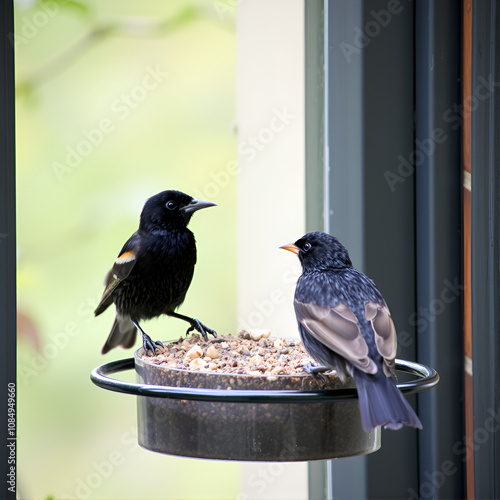 Starlings, sturnus vulgaris,, perched on suet window garden feeder squabbling for food