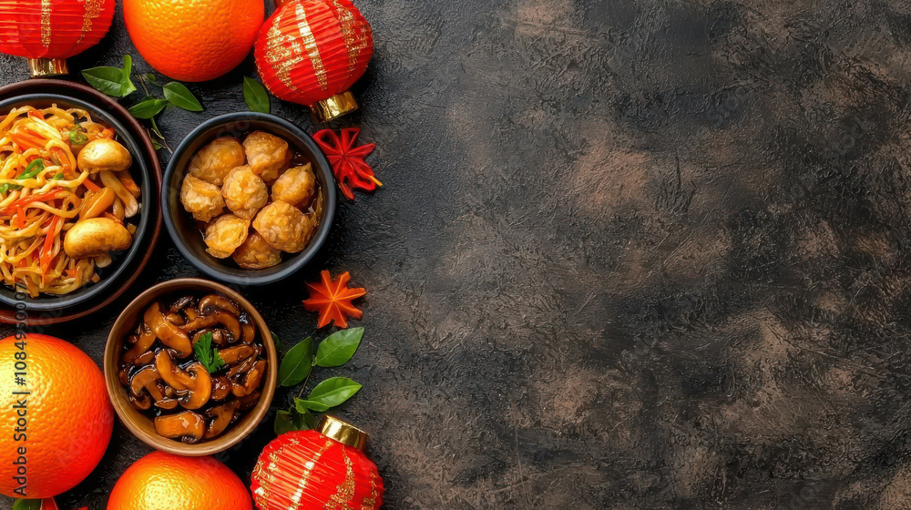 Vibrant Asian Cuisine Featuring Festive Oranges and Traditional Dishes Surrounded by Decorative Lanterns, Perfect for Celebrations and Culinary Events Vibrant Asian Cuisine Featuring Festive Oranges and Traditional Dishes Surrounded by Decorative Lanterns, Perfect for Celebrations and Culinary Events