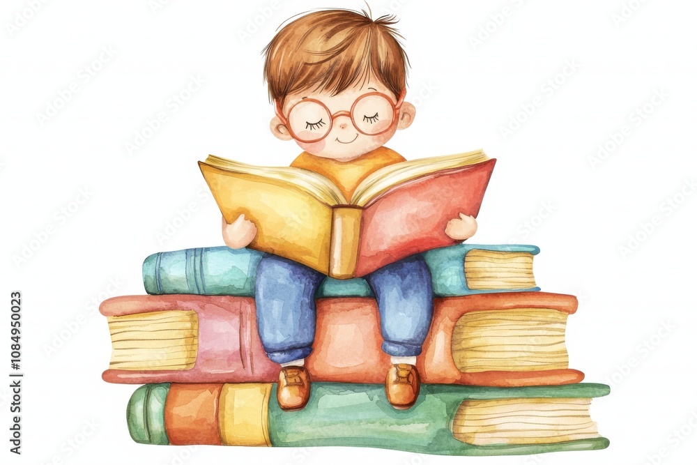 A young boy with glasses sits atop colorful books, enjoying a story from a large open book, showcasing a love for reading. A young boy with glasses sits atop colorful books, enjoying a story from a large open book, showcasing a love for reading.