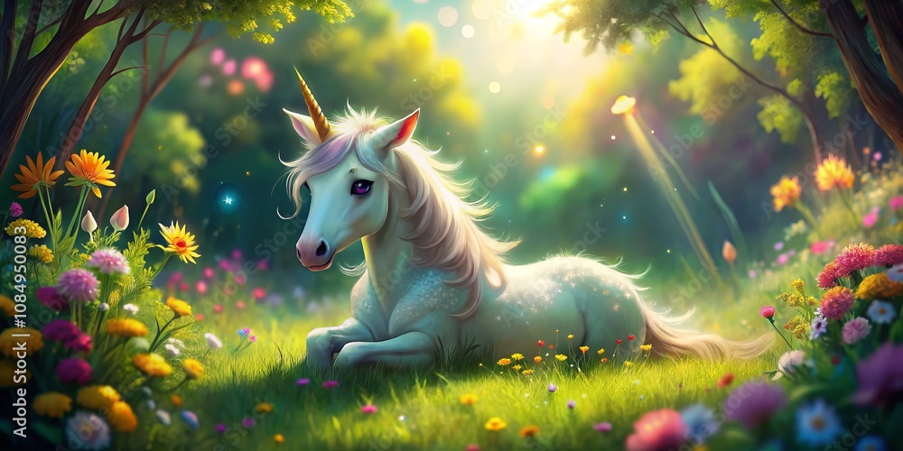 Adorable Baby Unicorn Grazing on Lush Green Grass in a Fairy Tale Landscape with Vibrant Colors and Soft Focus Background Perfect for Children's Illustrations and Fantasy Themes Adorable Baby Unicorn Grazing on Lush Green Grass in a Fairy Tale Landscape with Vibrant Colors and Soft Focus Background Perfect for Children's Illustrations and Fantasy Themes