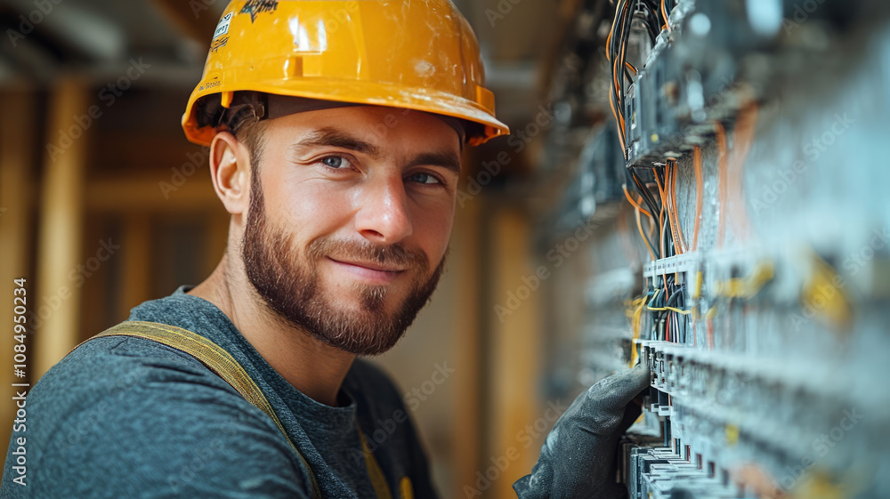 An electrician is wiring the house Electrician Working on Electrical Wiring in a New Construction An electrician is wiring the house Electrician Working on Electrical Wiring in a New Construction
