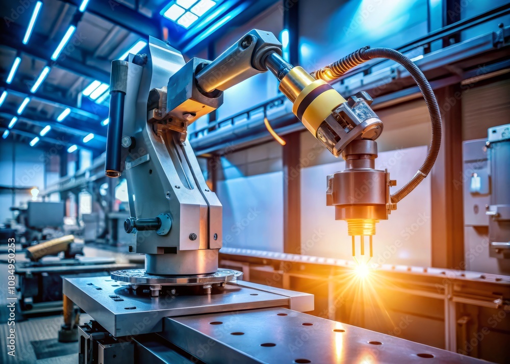 Advanced Robotic Arm Performing Precision Machining in a Modern Manufacturing Facility During Evening Hours Advanced Robotic Arm Performing Precision Machining in a Modern Manufacturing Facility During Evening Hours