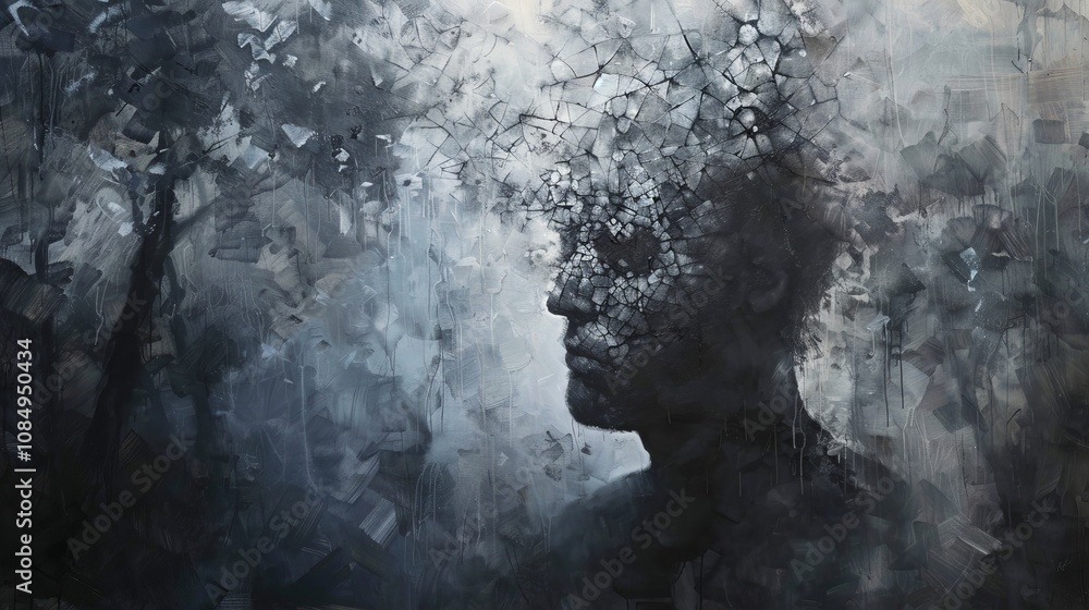 a Man in a Foggy Forest: His Face Fragmented Like a Cracked Mirror, Evoking Confusion and Loss Amidst Faint Light a Man in a Foggy Forest: His Face Fragmented Like a Cracked Mirror, Evoking Confusion and Loss Amidst Faint Light
