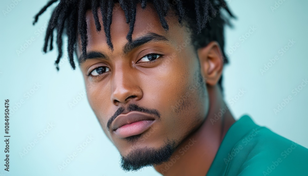 Obraz premium Young man with dreadlocks and intense gaze poses against a light blue background indoors