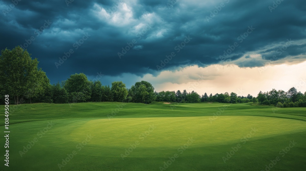 A dynamic golf course under dramatic storm clouds, Golf clubs prepared for challenging weather, Stormy challenge style A dynamic golf course under dramatic storm clouds, Golf clubs prepared for challenging weather, Stormy challenge style