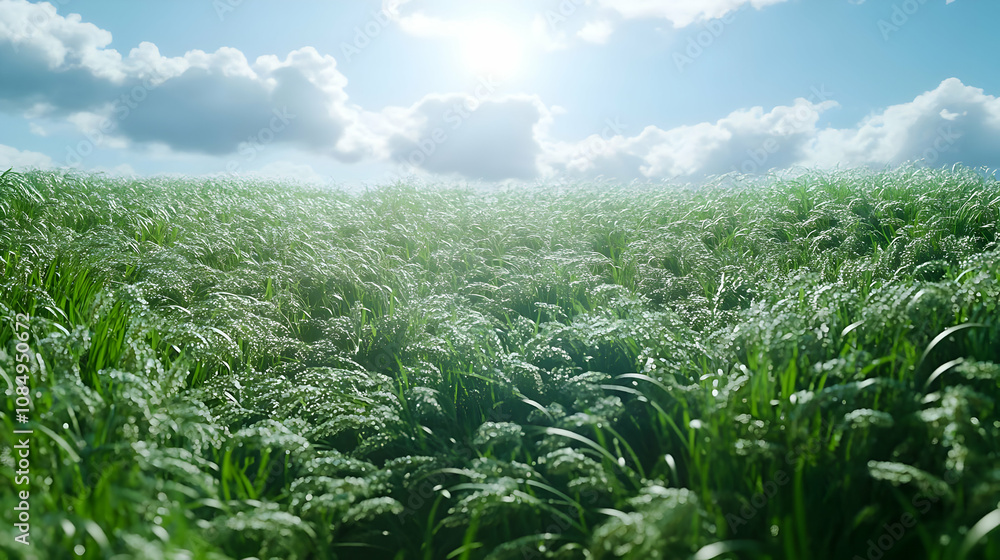 Green Grass Field with Blue Sky and Clouds 3D Illustration Green Grass Field with Blue Sky and Clouds 3D Illustration
