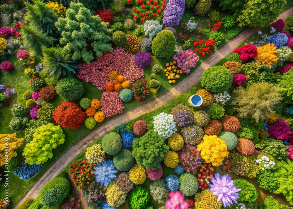 Fototapeta premium Aerial View of a Stunning Flower Garden with Vibrant Blooms and Lush Greenery, Perfect for Nature Lovers and Garden Enthusiasts to Capture the Essence of Springtime Beauty