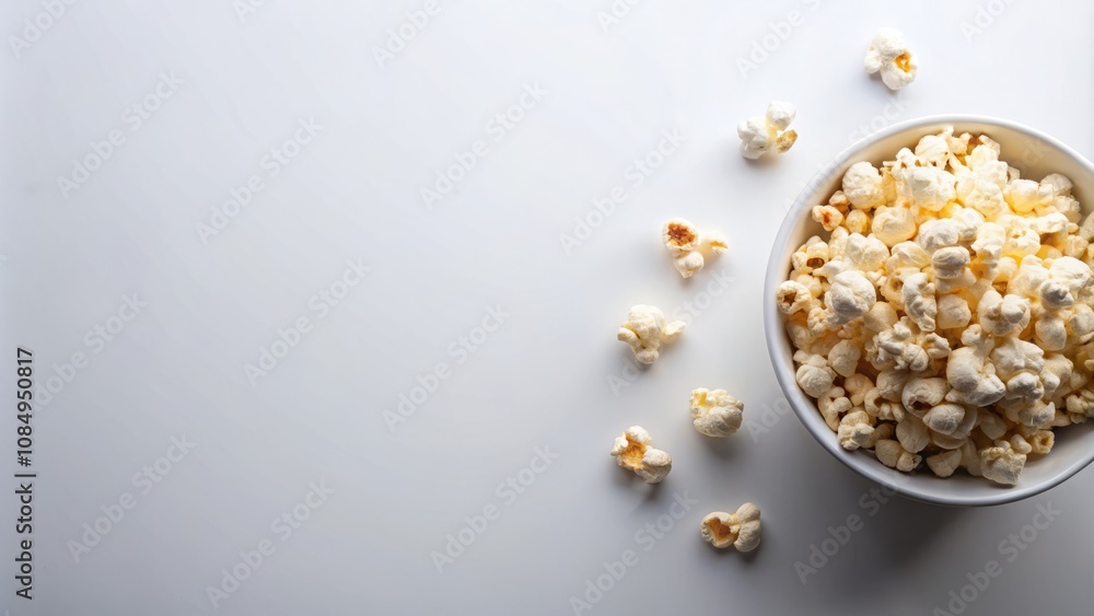 Aerial View of Delicious Popcorn in a White Bowl on a Clean White Background Perfect for Snacks, Movies, and Party Themes - Ideal for Celebrations and Gatherings Aerial View of Delicious Popcorn in a White Bowl on a Clean White Background Perfect for Snacks, Movies, and Party Themes - Ideal for Celebrations and Gatherings