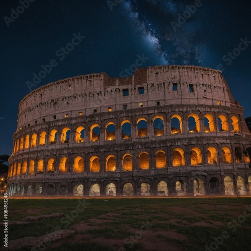 The Colosseum in Rome under a starry night with fire torches glowing around it.

