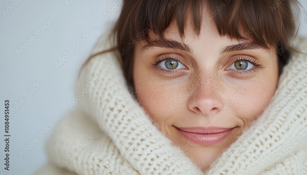Young woman smiling warmly while wrapped in a cozy knitted scarf indoors during winter Young woman smiling warmly while wrapped in a cozy knitted scarf indoors during winter
