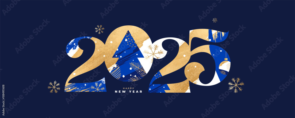 New Year's Eve 2025 card, poster, web banner or header, holiday cover. Xmas New Year template in trendy art style with gorgeous number 2025 design in gold and blue colors for ads and season greetings New Year's Eve 2025 card, poster, web banner or header, holiday cover. Xmas New Year template in trendy art style with gorgeous number 2025 design in gold and blue colors for ads and season greetings