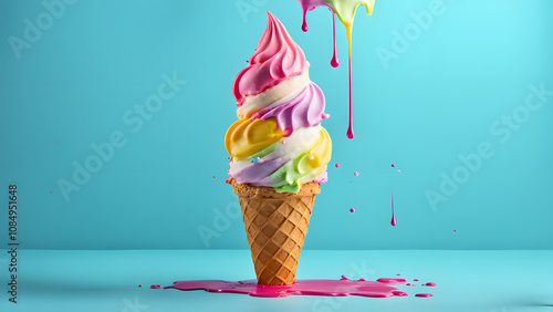 A colorful ice cream cone with rainbow colors and a drizzle of paint on it