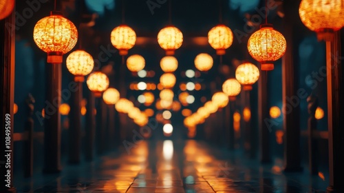 Long hallway with many orange lanterns hanging from the ceiling. The lanterns are lit up and create a warm, inviting atmosphere