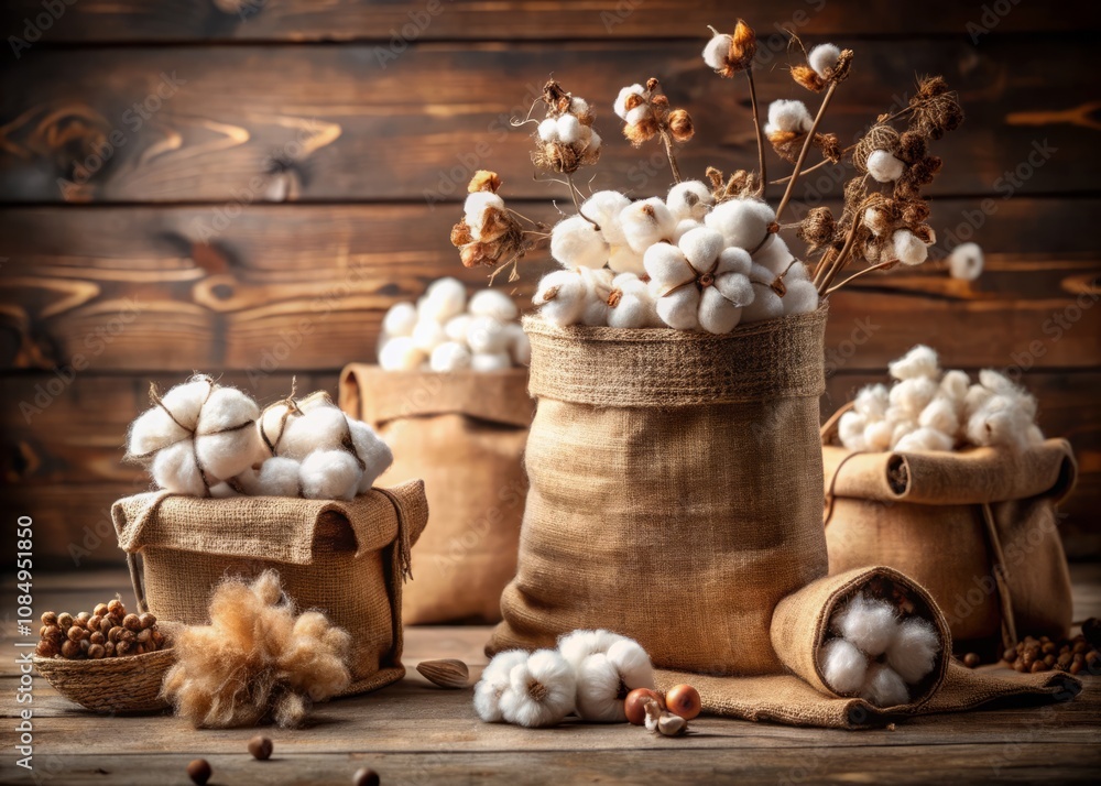 Captivating Food Photography Featuring Cotton Bags and Raw Cotton Fiber Highlighting Sustainable Textiles from Farm to Table
