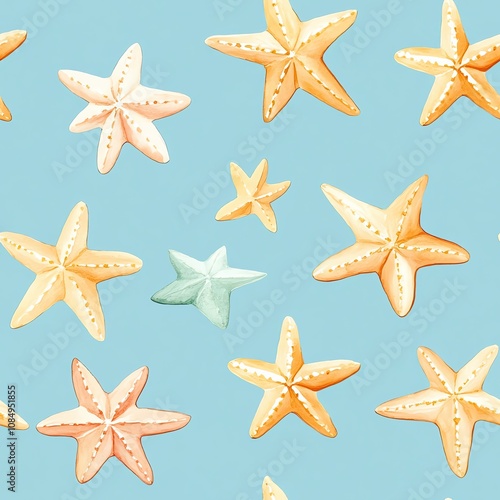 A seamless Pattern Colorful starfish pattern on a soft blue background, perfect for beach themes and decor.