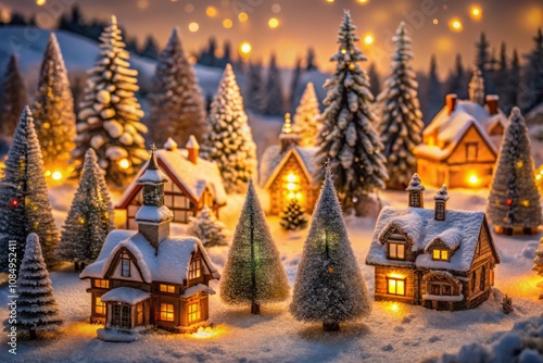 Charming Christmas Village Scene with Snowy Trees and Illuminated Houses, Evoking a Warm and Festive Atmosphere for Holiday Cheer