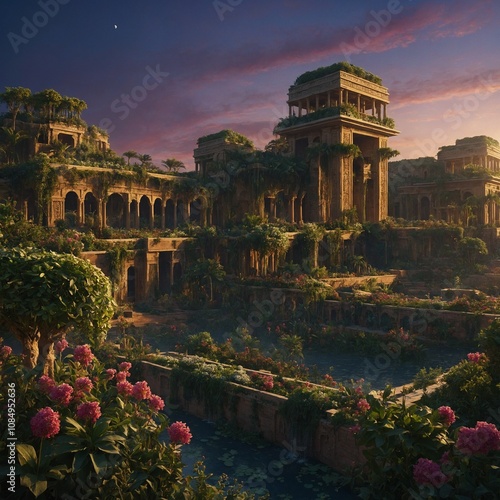 The Hanging Gardens of Babylon in full bloom, set against a twilight sky.

