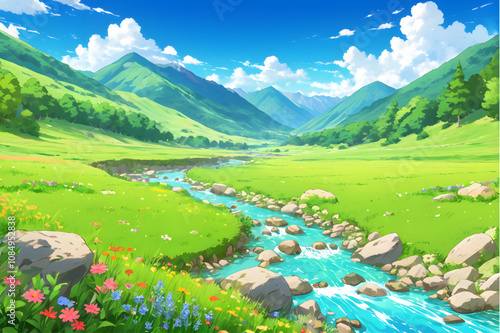 Peaceful River Flowing Through Green Hills with Flowers, white cloud and blue sky