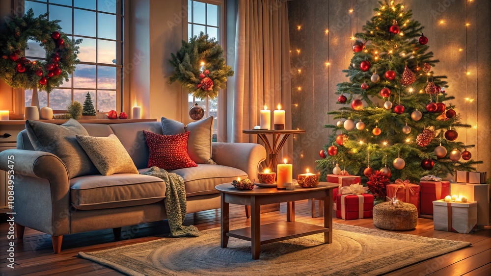 Cozy and Inviting Christmas Living Room with Comfy Couch, Christmas Tree, Candles, Presents, and Stylish Decor Perfect for Family Gatherings Cozy and Inviting Christmas Living Room with Comfy Couch, Christmas Tree, Candles, Presents, and Stylish Decor Perfect for Family Gatherings