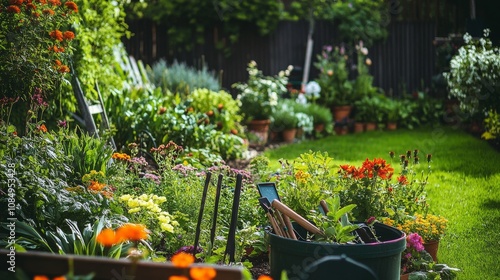 A lush botanical garden with gardening tools scattered around, Flower beds blooming with vibrant colors, Botanical garden style photo