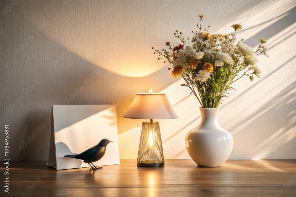 Cozy Scandinavian Inspired Decor with Flowers in Vase, Lamp, Bird Figurine, and Blank Greeting Card on White Table for a Hygge and Boho Atmosphere Cozy Scandinavian Inspired Decor with Flowers in Vase, Lamp, Bird Figurine, and Blank Greeting Card on White Table for a Hygge and Boho Atmosphere