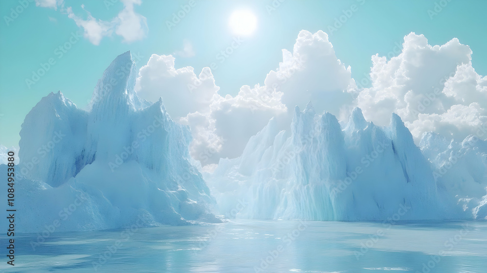 Iceberg Landscape with Blue Sky and White Clouds - 3D Illustration Iceberg Landscape with Blue Sky and White Clouds - 3D Illustration