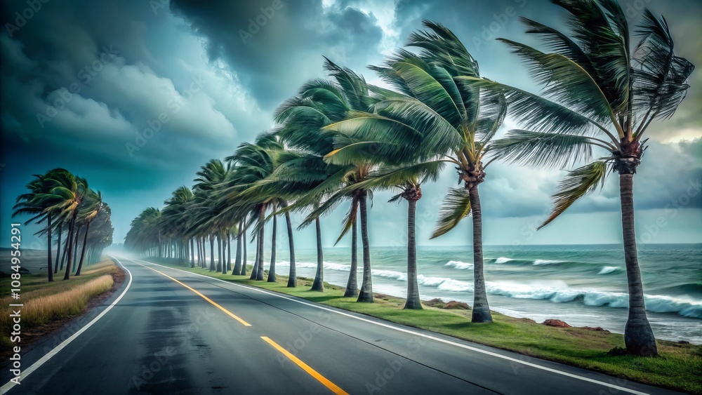 Dramatic Coastal Scene with Palm Trees Swaying in the Wind Amidst Fog During Hurricane Conditions Along a Scenic Roadway Dramatic Coastal Scene with Palm Trees Swaying in the Wind Amidst Fog During Hurricane Conditions Along a Scenic Roadway