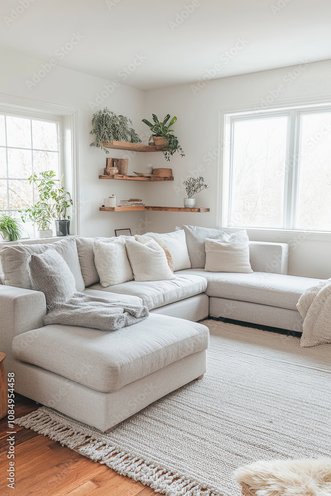 Serene living room with a light grey sectional and a minimalist design Serene living room with a light grey sectional and a minimalist design