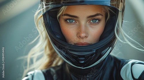 close up of A female race driver face, wearing an F1-style helmet and a white racing suit with red details is riding her motorcycle on the track, 