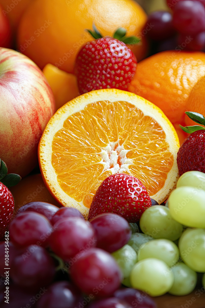 A fresh fruit platter with oranges, apples, grapes, and strawberries A fresh fruit platter with oranges, apples, grapes, and strawberries