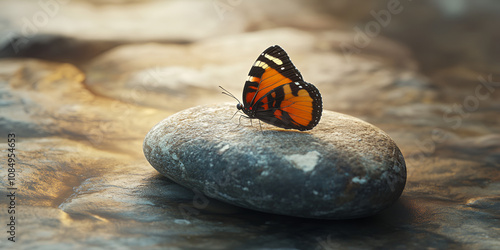  Black and Orange Butterfly on a Rock in a Gravel Field