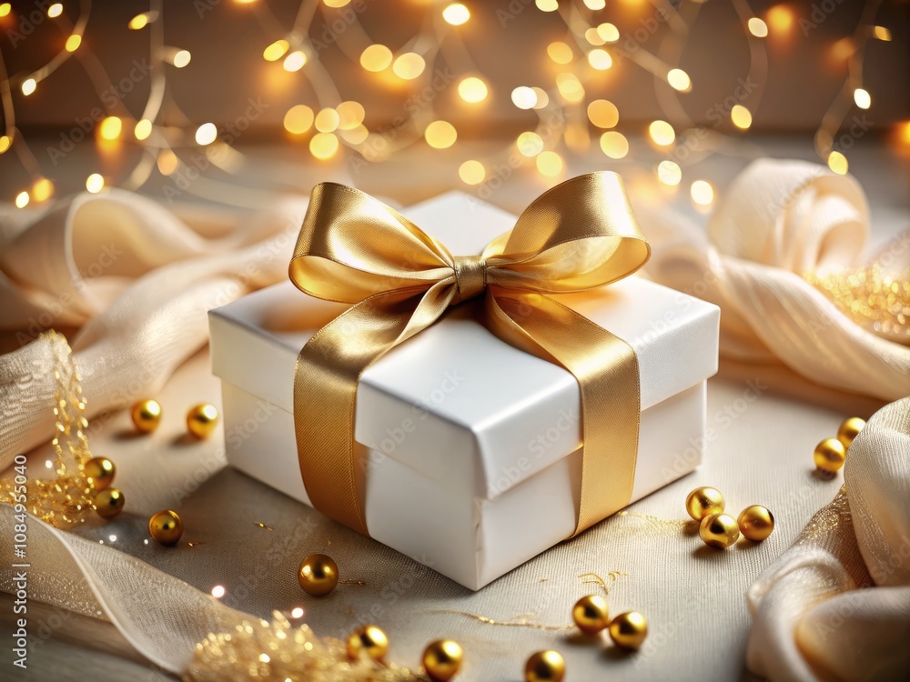 Elegant White Gift Box with a Golden Ribbon Perfect for Fashion Photography, Ideal for Celebrations, Luxury Branding, and Holiday Promotions, Showcasing Style and Sophistication Elegant White Gift Box with a Golden Ribbon Perfect for Fashion Photography, Ideal for Celebrations, Luxury Branding, and Holiday Promotions, Showcasing Style and Sophistication