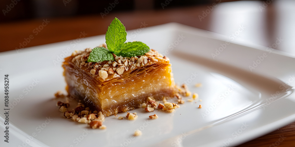 Delicious Baklava Dessert with Mint and Nuts on a White Plate Delicious Baklava Dessert with Mint and Nuts on a White Plate