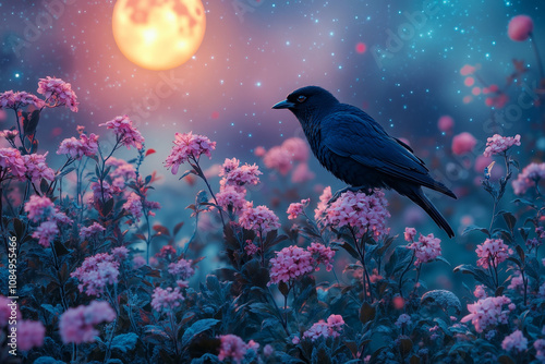 A black bird sitting on top of a field of pink flowers
