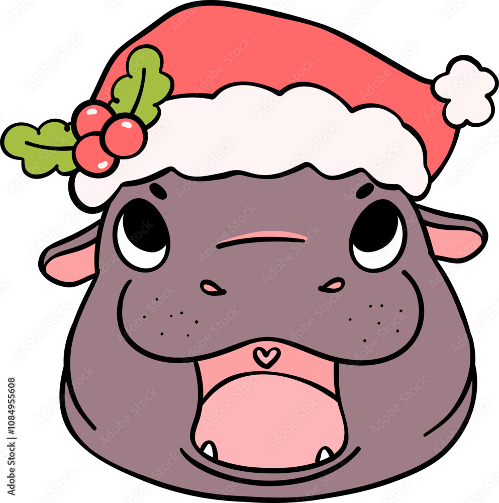 Christmas baby pygmy hippo happy face with santa hat Christmas baby pygmy hippo happy face with santa hat