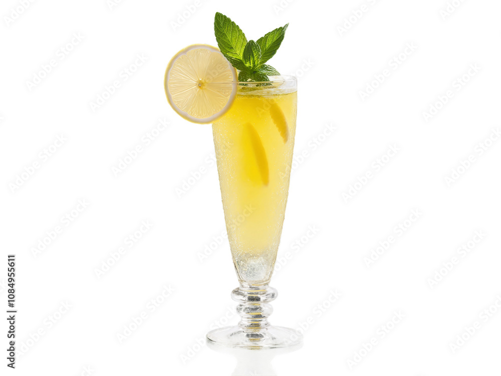 Togolese Tchoukoutou in tall glass garnished with slice of lemon and sprig of mint Togolese Tchoukoutou in tall glass garnished with slice of lemon and sprig of mint