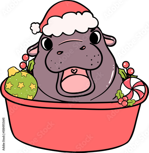 Christmas baby pygmy hippo happy in basin and candy