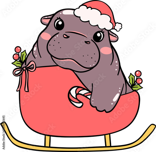Christmas baby pygmy hippo in santa sleigh