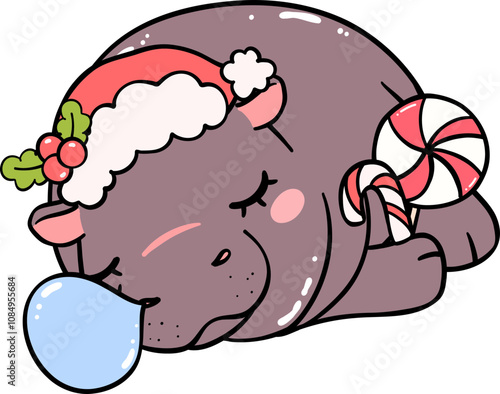 Christmas baby pygmy hippo sata hat sleeping